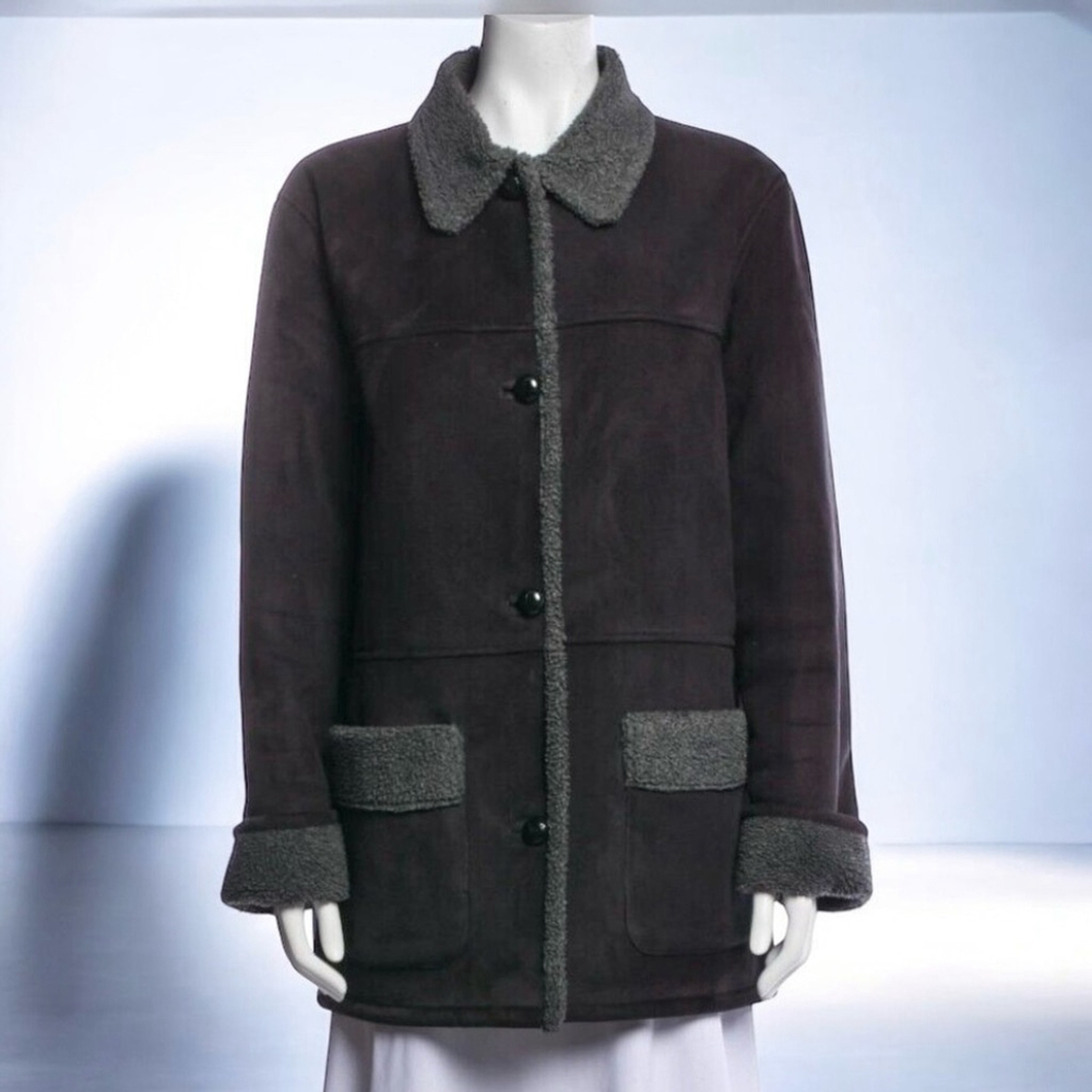 Lauren by Ralph Lauren Black Faux Suede and Shearling Button Up Car Coat Size L - Picture 2 of 7